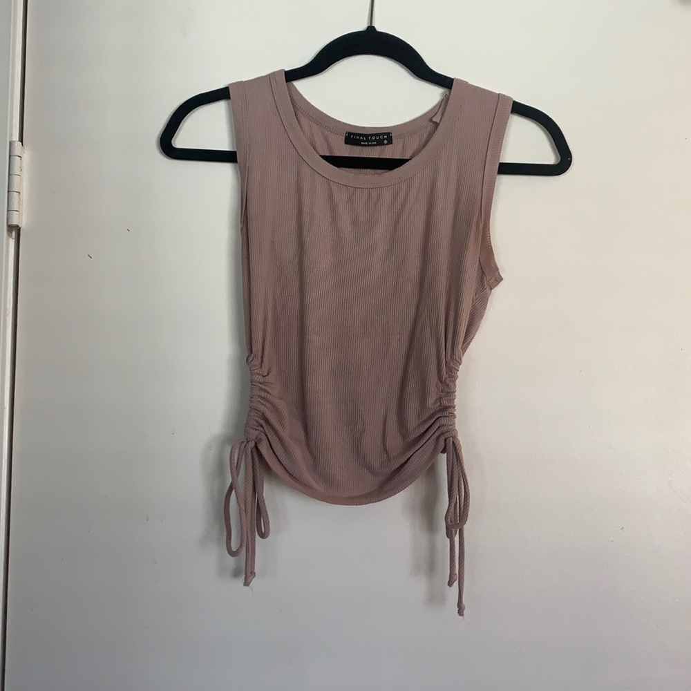 Purple tank top with scrunchie adjustable sides.